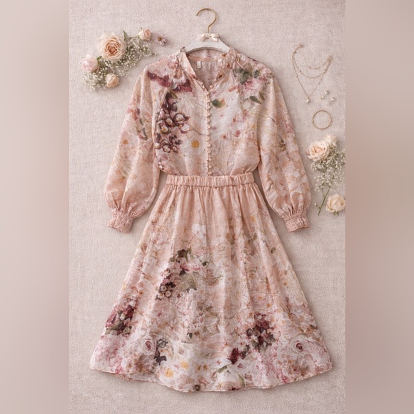 Zimmermann Dancer Floral Beige and Pink Blouse & Midi Skirt Set - Picture 2 of 12